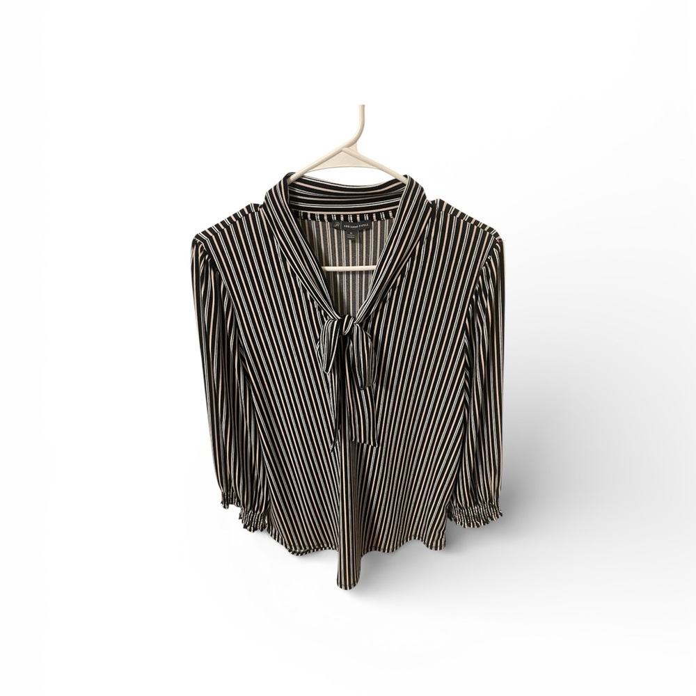 Adrianna Papell - Black & White Pinstripe Tie Neck Office Blouse - Size M